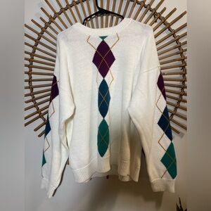 Vintage Men's White Multicolor Argyle Sweater Preppy Tennis Prep Prep School
